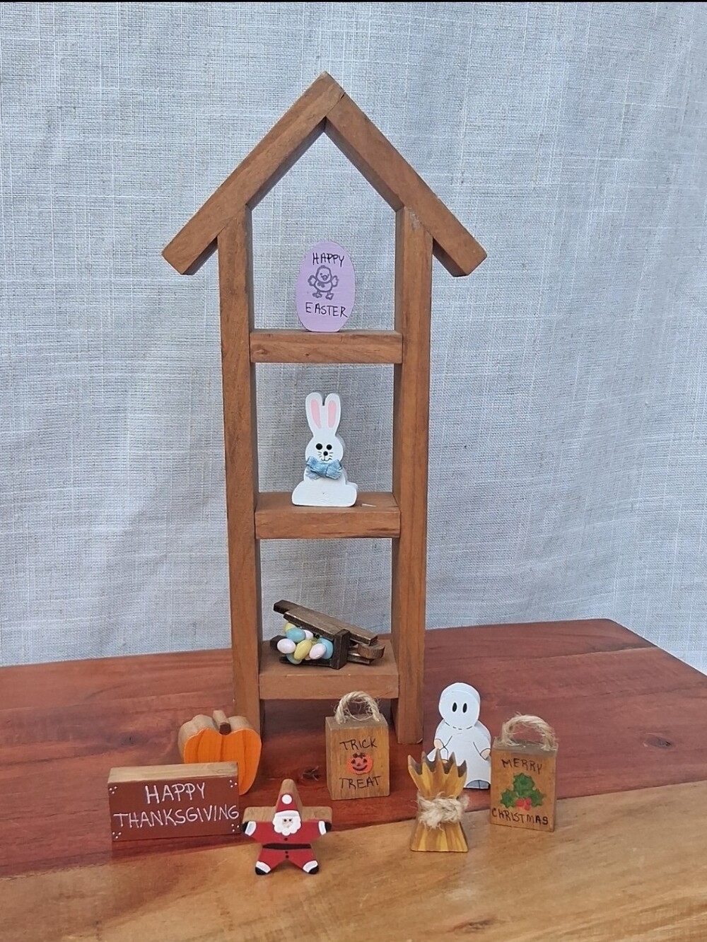 Rustic Brown Miniature Wooden House Shelf with Holiday Decor